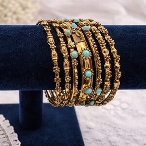 Vintage Gold-Tone Turquoise Accent Bangle Bracelet Set (7 Bracelets)